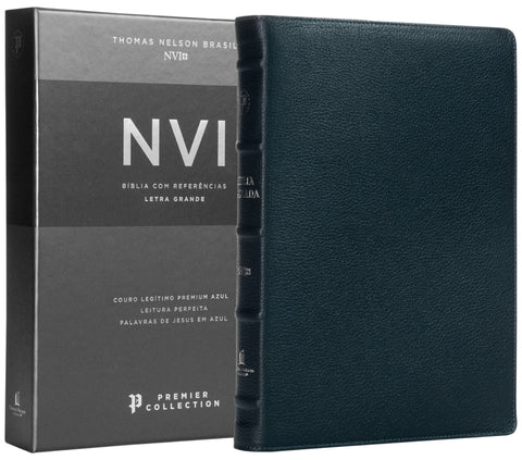 Bíblia Sagrada NVI, Letra Grande, Couro legítimo azul, Leitura Perfeita, Premier Collection | Com letras de Jesus em azul e referências cruzadas: original (9786552170163)