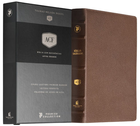 Bíblia ACF, Letra grande, Couro legítimo marrom,  Leitura Perfeita, Premier Collection | Com letras de Jesus em azul e referências cruzadas: original by Thomas Nelson Brasil (9786552172754)