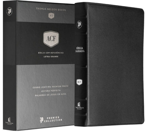 Bíblia ACF, Couro legítimo preto, Letra grande, Leitura Perfeita, Premier Collection | Com letras de Jesus em azul e referências cruzadas by Thomas Nelson Brasil
