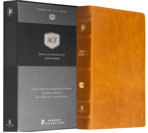 Bíblia ACF, Couro legítimo mostarda, Letra grande, Leitura Perfeita, Premier Collection | Com letras de Jesus em azul e referências cruzadas by Thomas Nelson Brasil